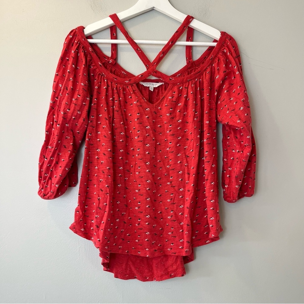 Lucky Brand Red Floral Cold Shoulder Knit Top Medium‎